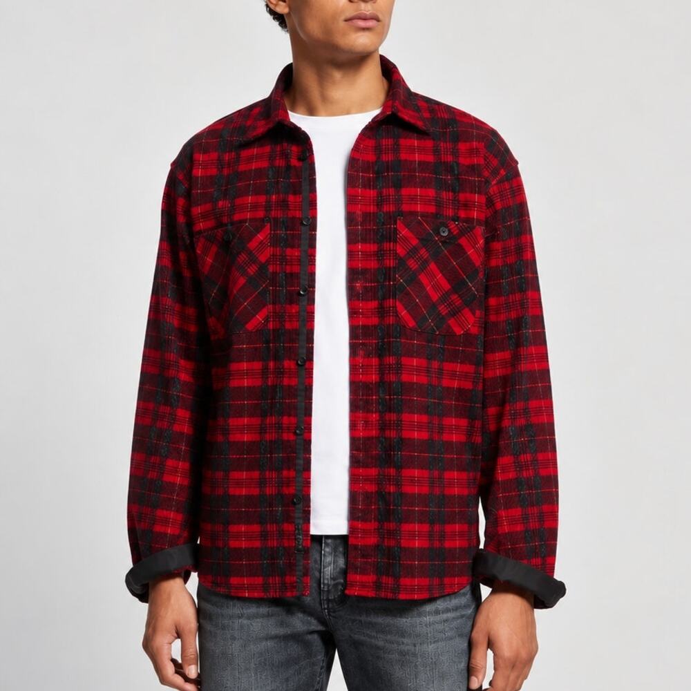 Rag & Bone Men's Corduroy Engineered Plaid Sport Shirt Red black XL